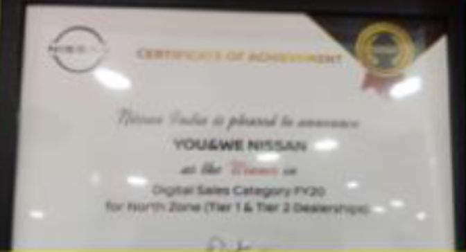 Nissan India certificate of achievement: YouWe Nissan, winner, digital sales category FY20, North Zone
